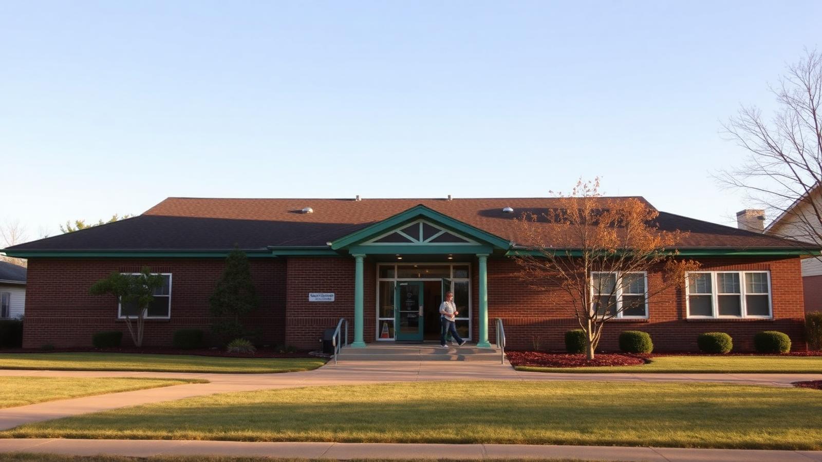 A community center building with a green trimmed entrance and mowed lawn